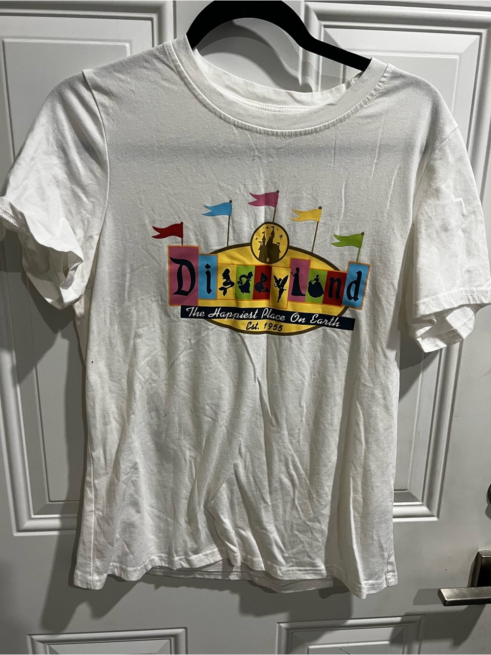 White Disneyland Graphic Short Sleeve Tee with Multicolor Flags